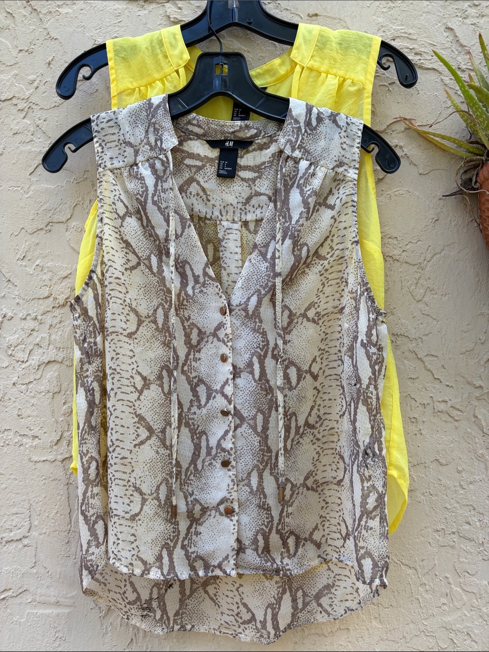Set of 2 H&M Bright Yellow and Snakeskin Print Sleeveless Blouses with Neck Ties